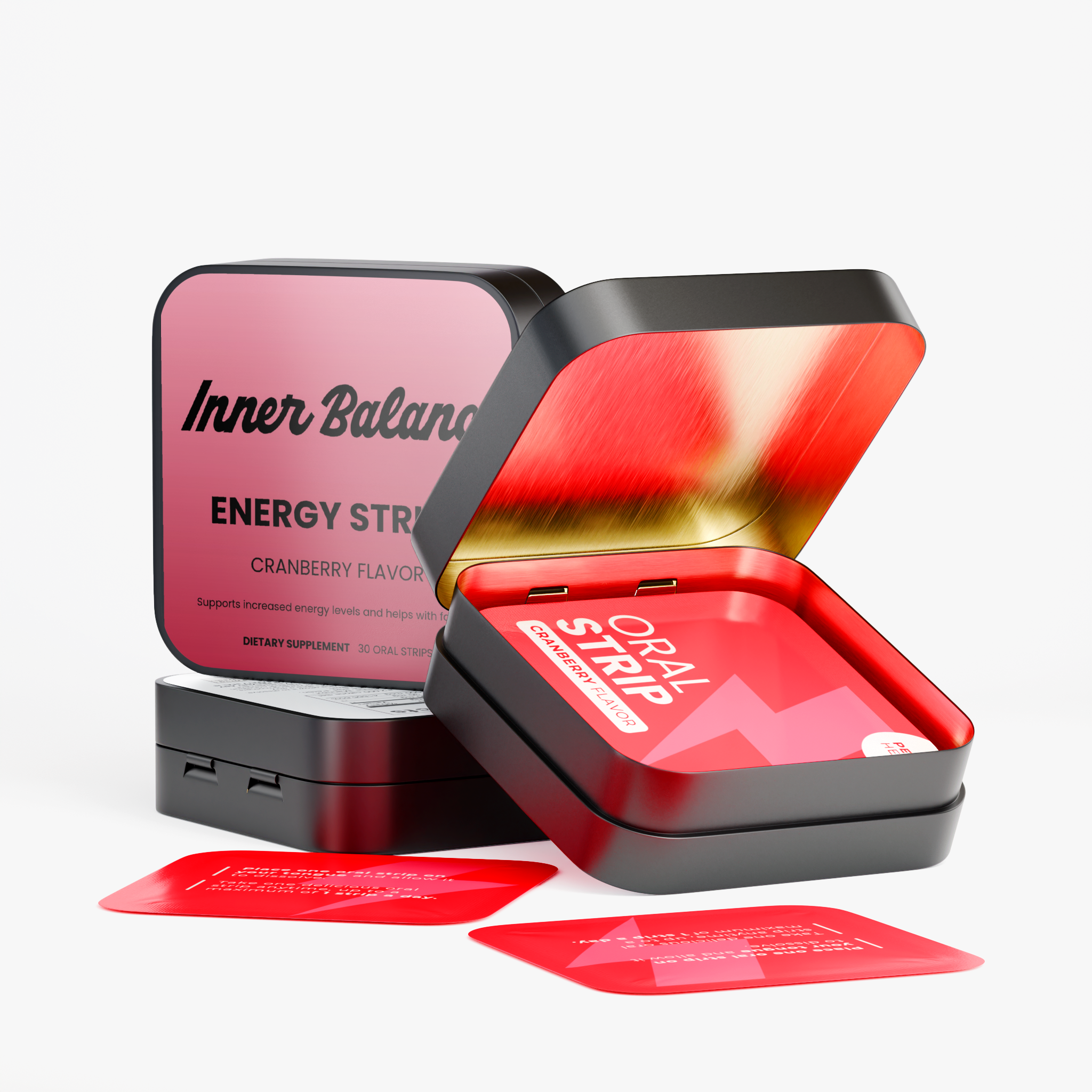 Open tin of Inner Balance Energy Strips showing individual fast-dissolving strips